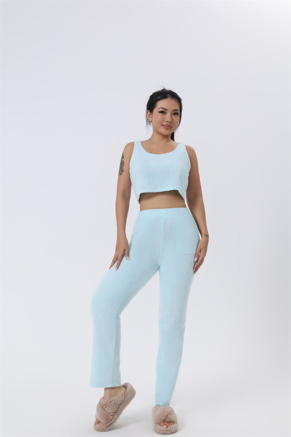 Women's 3 Piece Lounge Pyjama Set With Crop Top, Pants And Cardigan