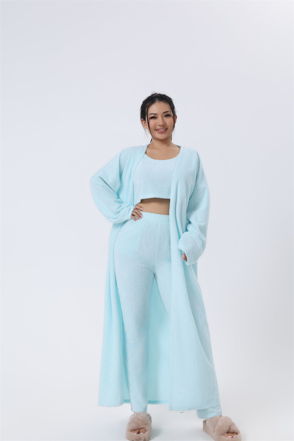 Women's 3 Piece Lounge Pyjama Set With Crop Top, Pants And Cardigan