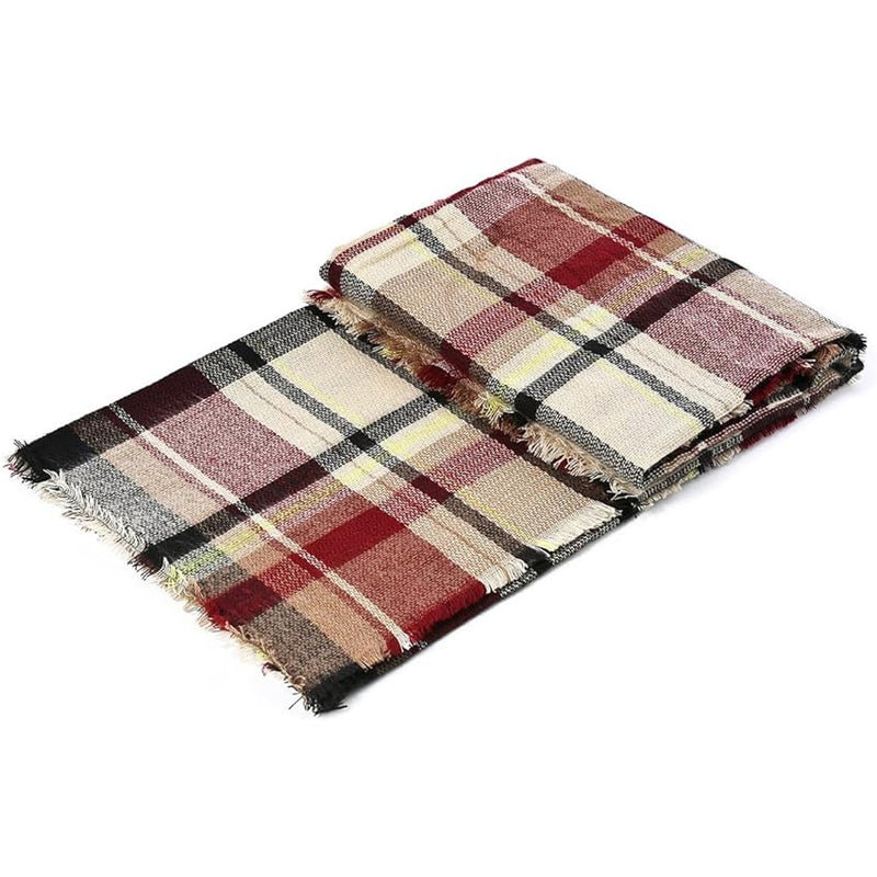 Red Tartan Blanket Scarf With Tassels, Oversized 59 x 59 Inch