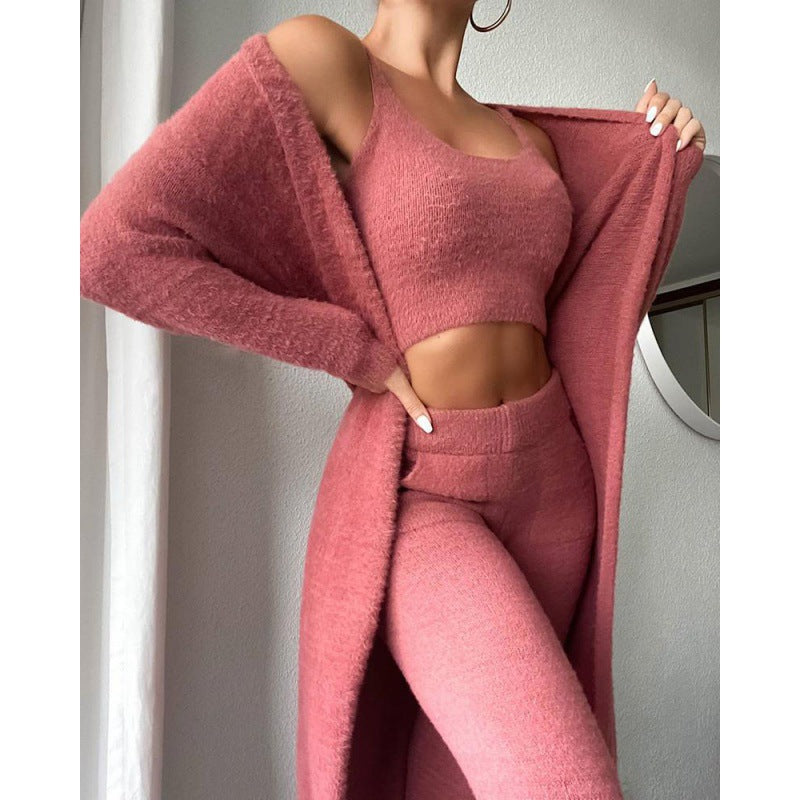 Women's 3 Piece Lounge Pyjama Set With Crop Top, Pants And Cardigan