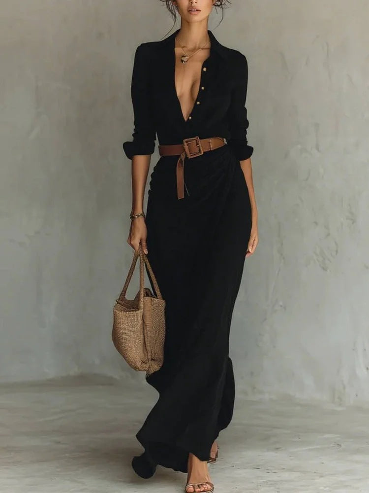 Belted shirt dress with long sleeves and asymmetric midi hem