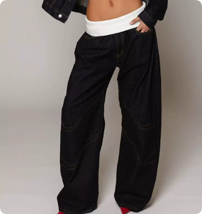 Women's loose straight-leg jeans with pockets, street style