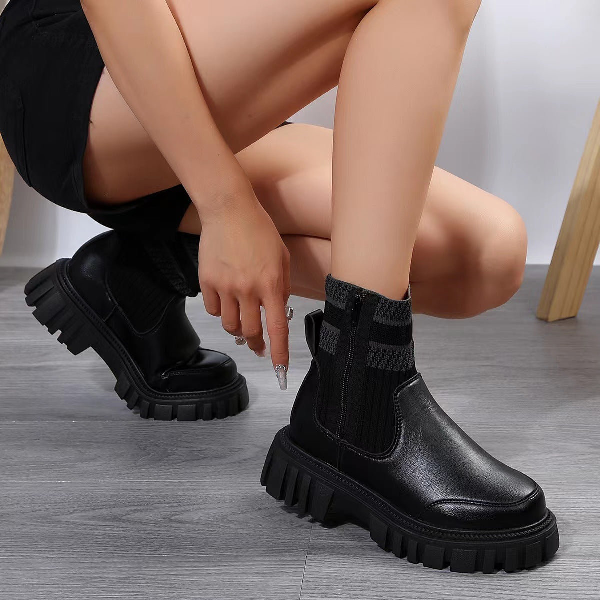 Mid-calf boots with a knit panel, side zip and chunky non-slip sole