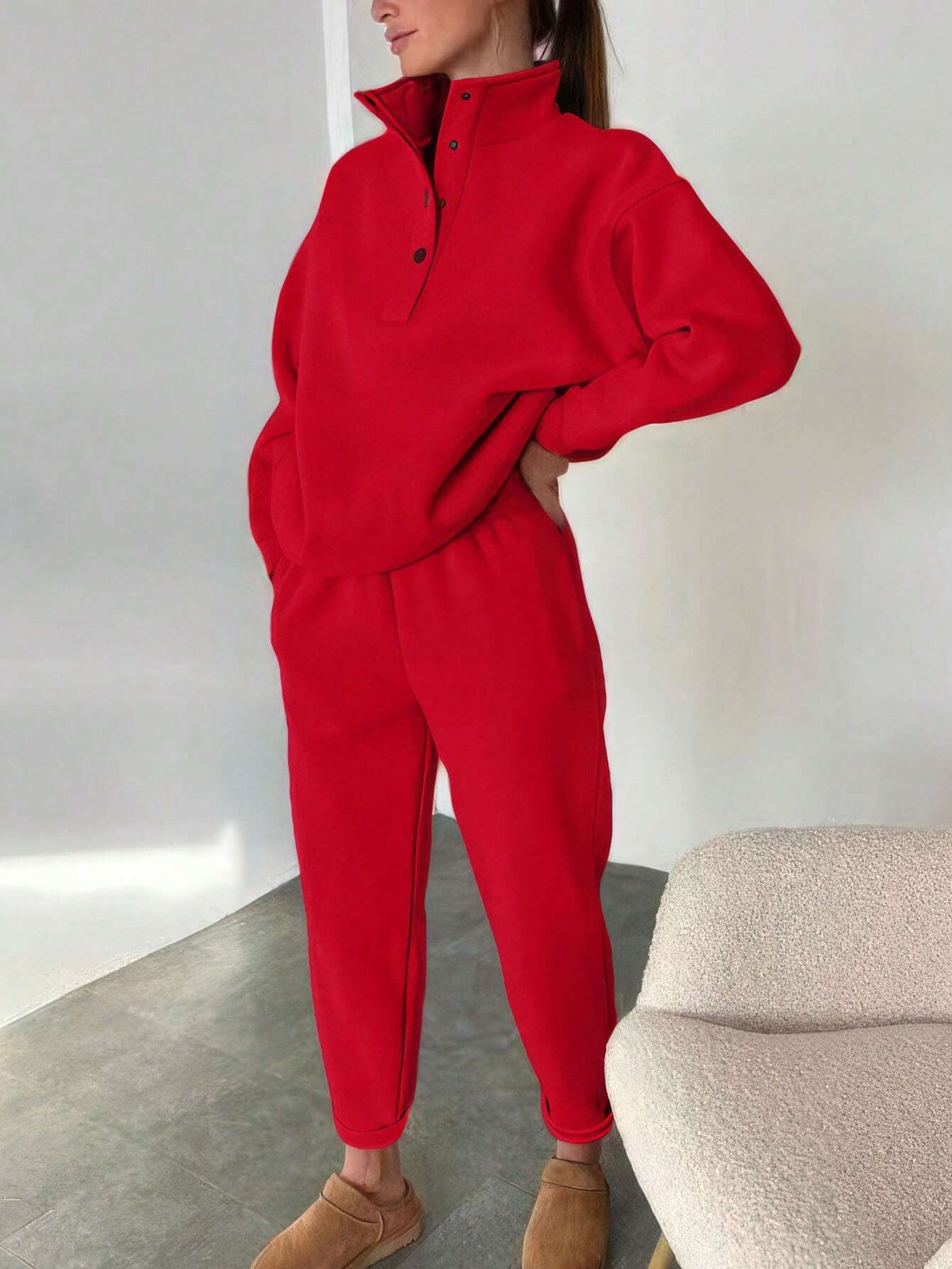Woman in oversized fleece lounge set