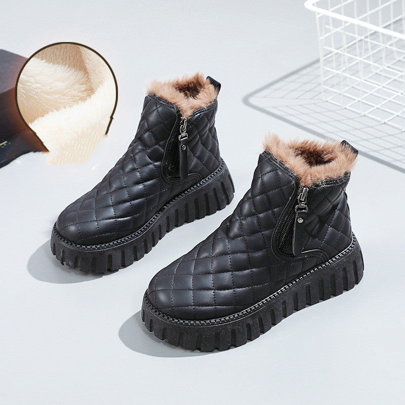 Plaid platform ankle boots with plush lining and side zip