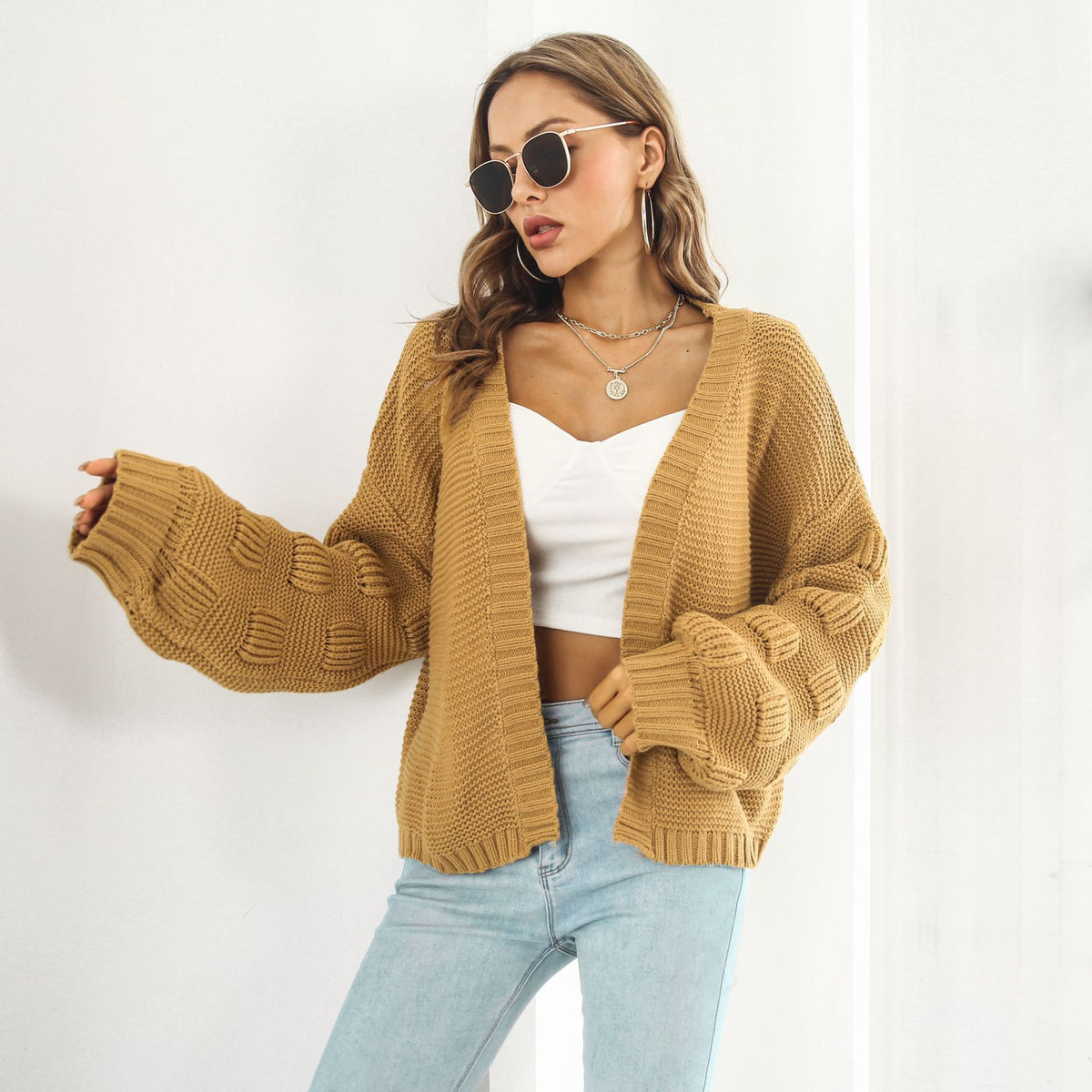 Cropped chunky cardigan with puff sleeves