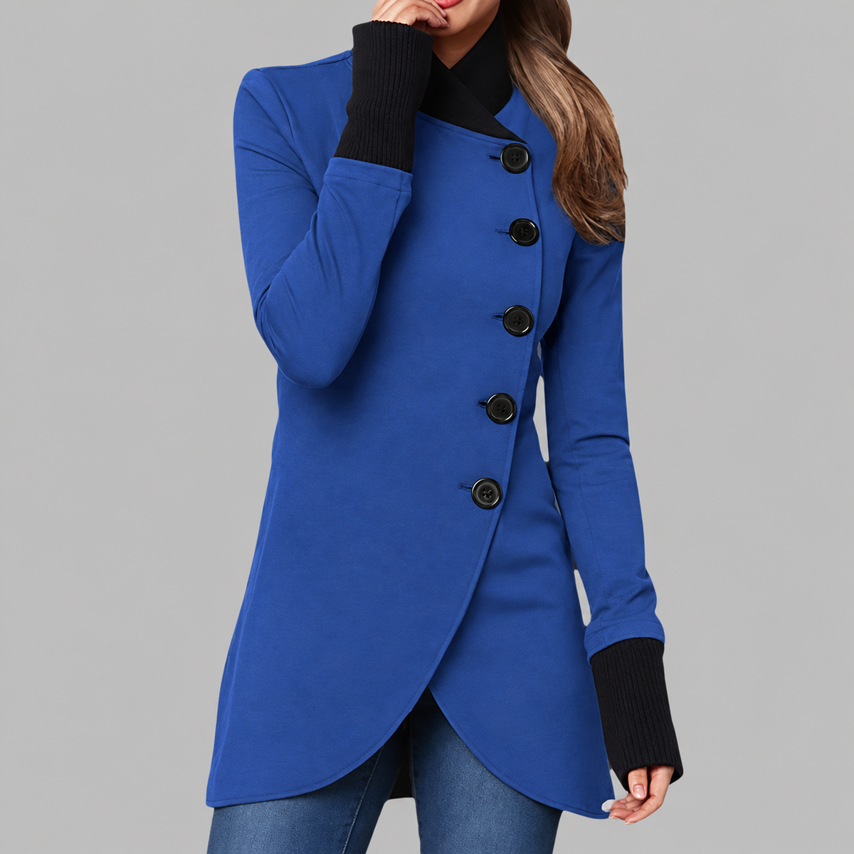 Women's Fitted Coat with High Collar and Asymmetric Hem