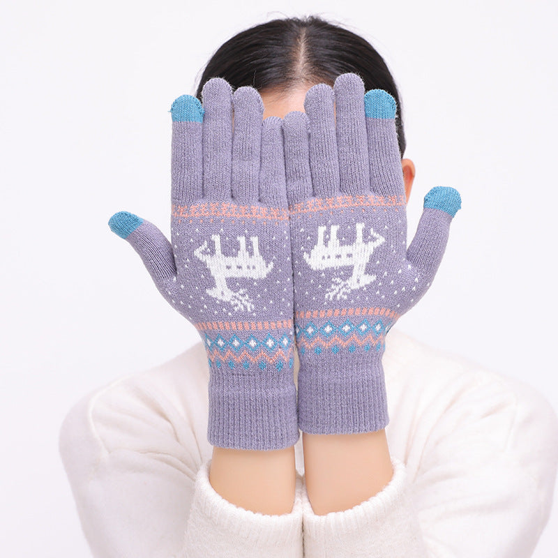 Women's Knitted Touch Screen Gloves With Deer And Snowflake Design