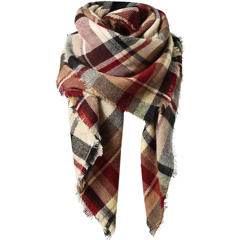 Red Tartan Blanket Scarf With Tassels, Oversized 59 x 59 Inch