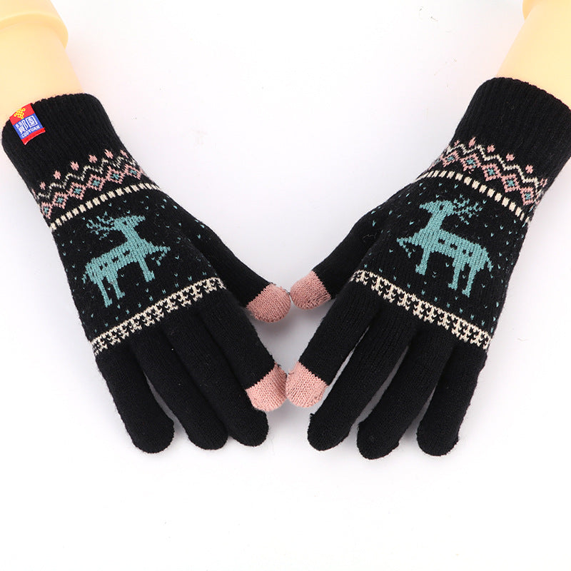 Women's Knitted Touch Screen Gloves With Deer And Snowflake Design
