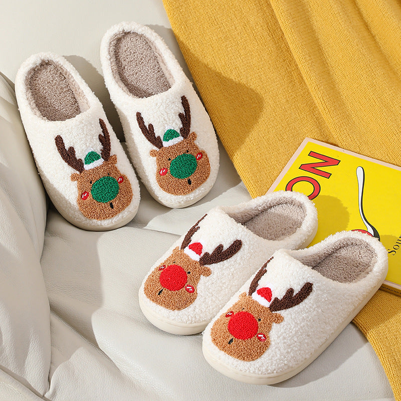 Christmas Elk Plush Slip-On Slippers, Cosy Bedroom Shoes