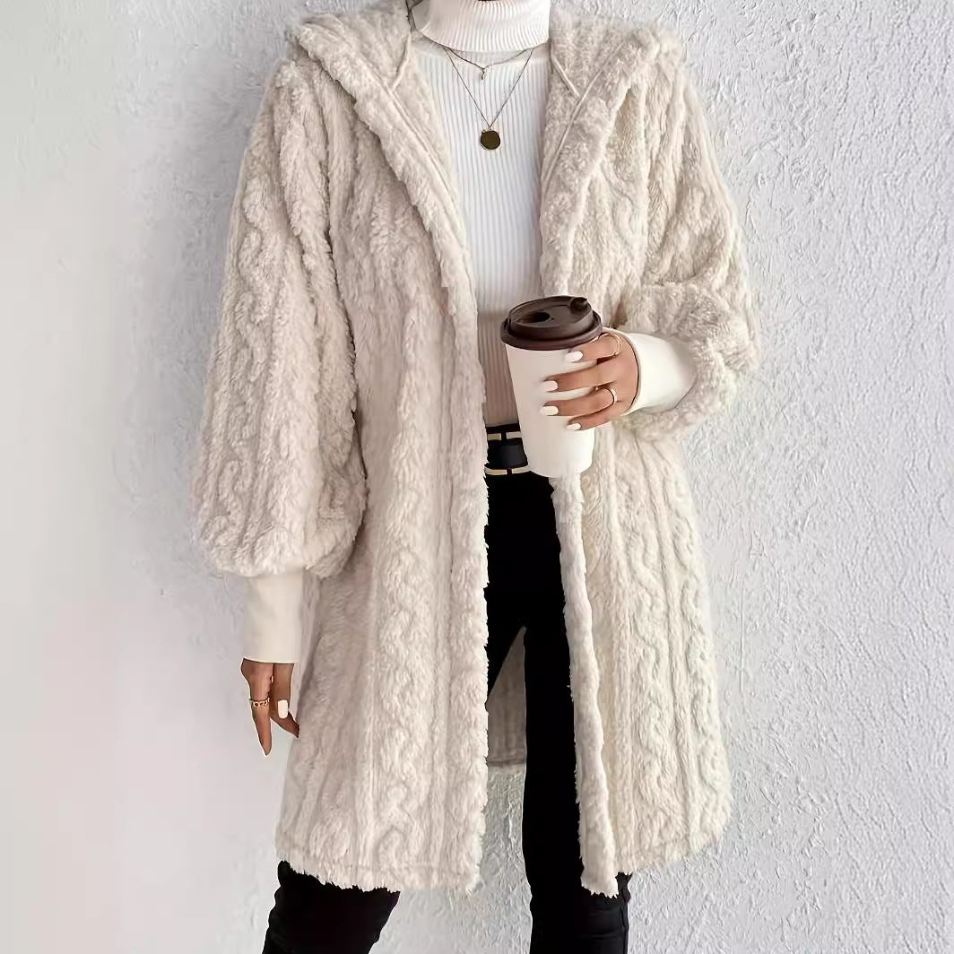 Women's Hooded Double-Sided Plush Long Coat With Cuff Thread