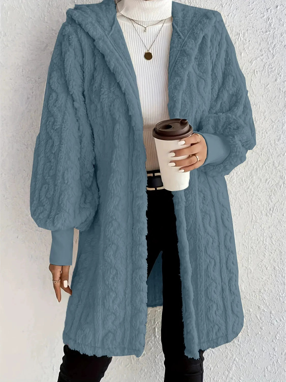 Women's Hooded Double-Sided Plush Long Coat With Cuff Thread