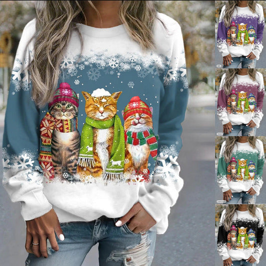 Women's Christmas top with snowman and cat print, relaxed fit