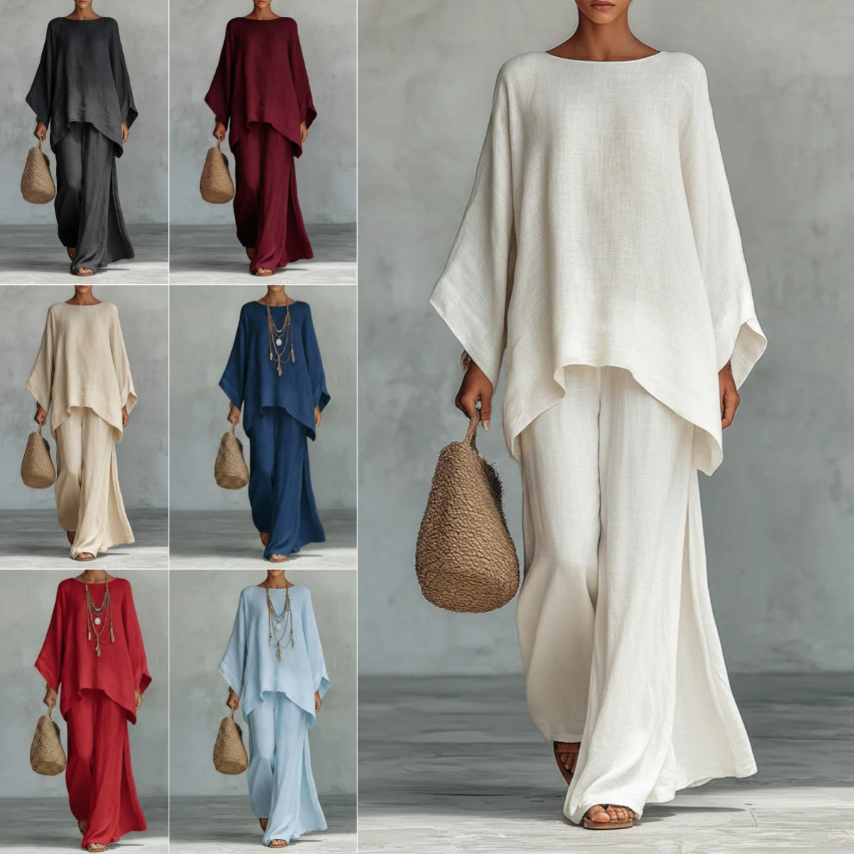 Relaxed two-piece set with long-sleeve top and wide-leg pants