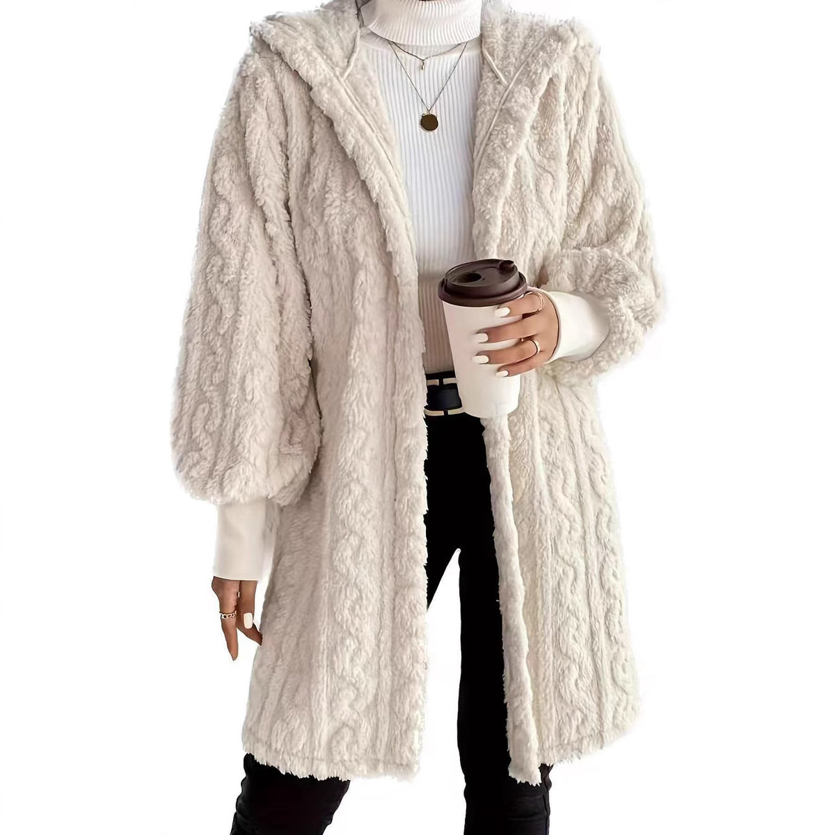 Women's Hooded Double-Sided Plush Long Coat With Cuff Thread