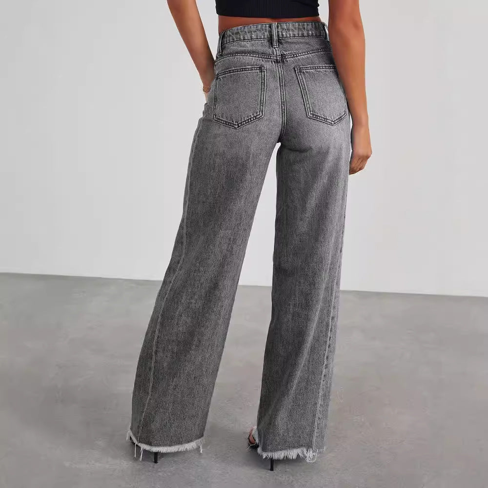 High-waisted straight wide-leg jeans with frayed hem details