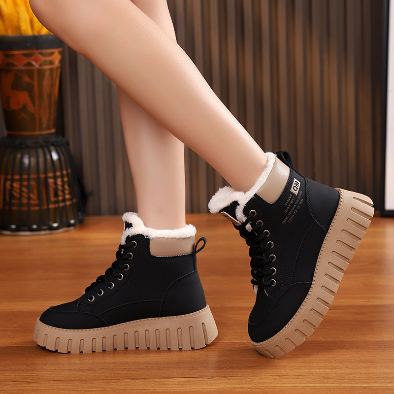 Lace-Up Fleece Snow Boots For Women, Ankle Style With Chunky Sole