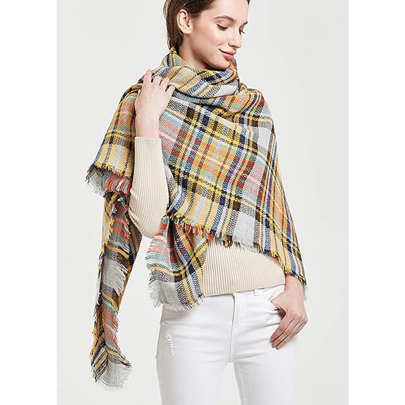 Yellow And Blue Tartan Blanket Scarf With Tassels, Oversized