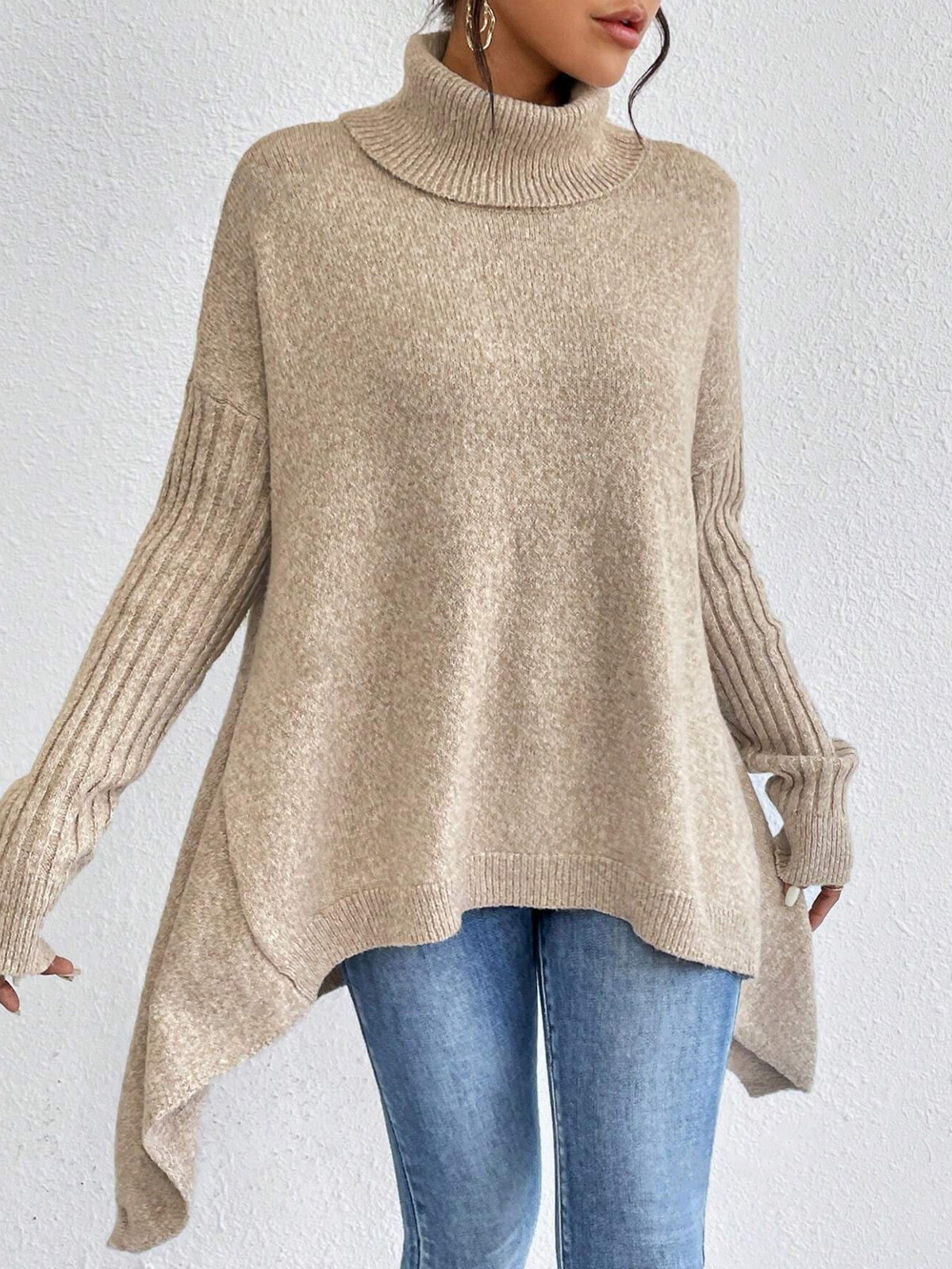 Irregular Hem Turtleneck Jumper For Women, Loose Knitted