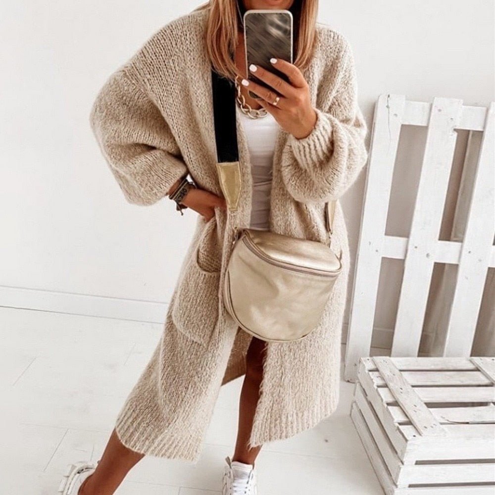 Women's Oversized Open-Front Cardigan with Balloon Sleeves