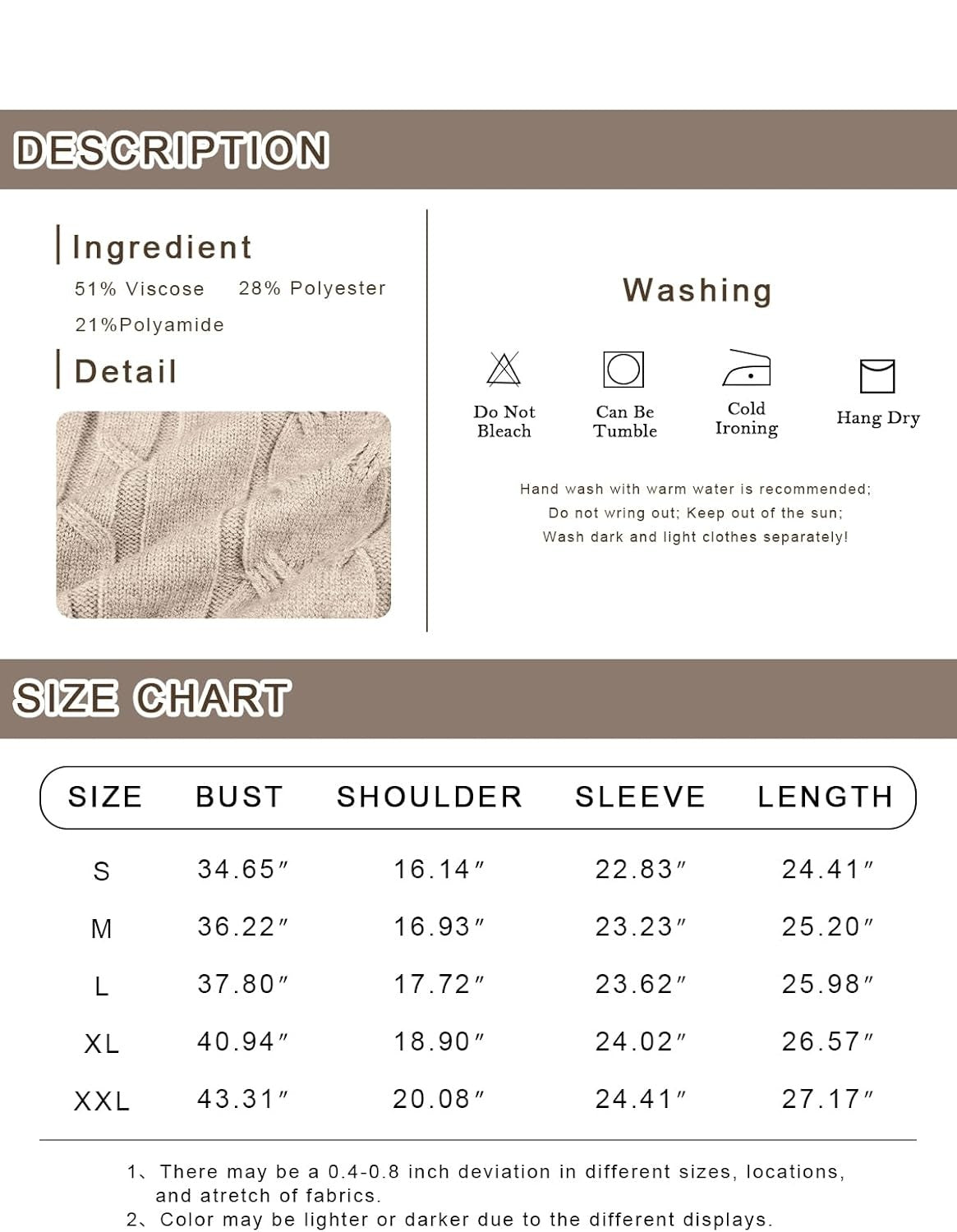 Women's Cable-Knit Turtleneck Jumper Long Sleeve